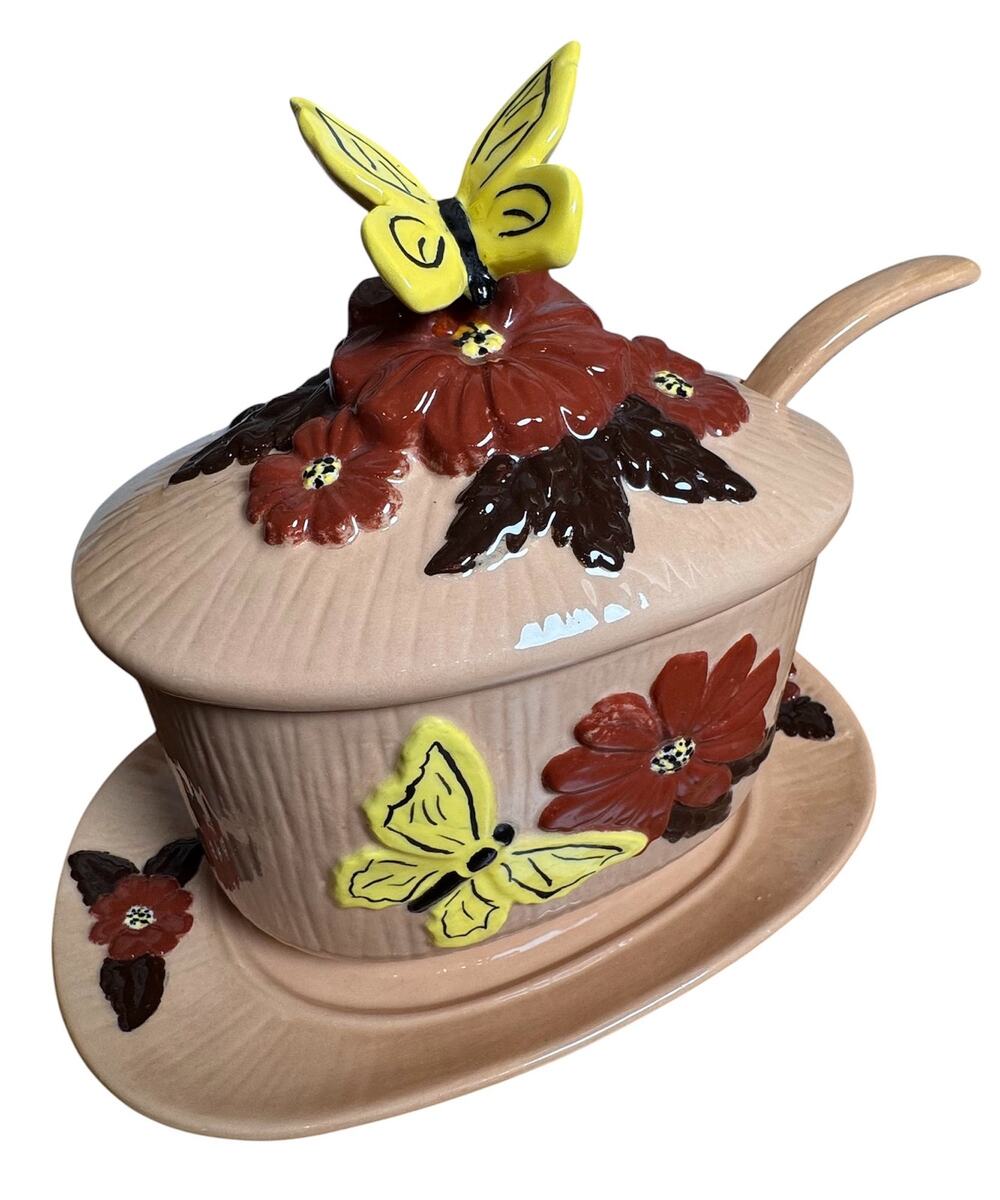 Vintage 1970s Treasure Craft Butterfly Floral Soup Tureen Set, 4-Piece